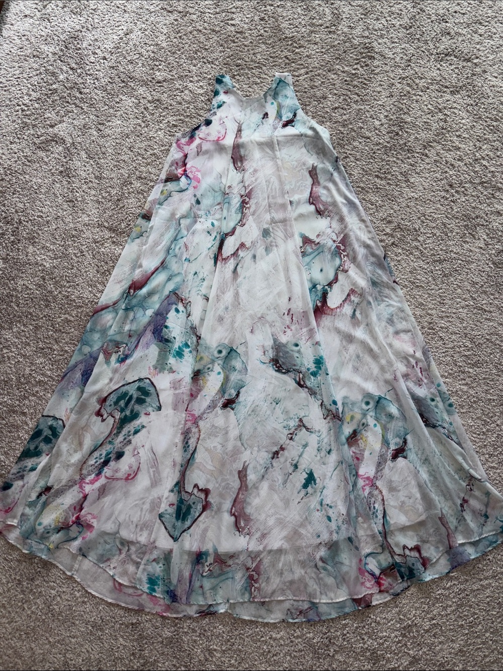 Flowing Marble-Print Maxi Dress in Teal & Pink watercolor